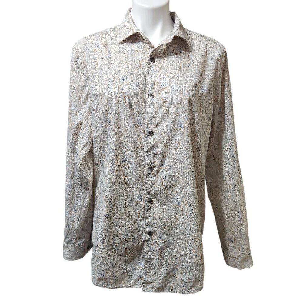 Tasso Elba men's cotton button front shirt paisley houndstooth print white large